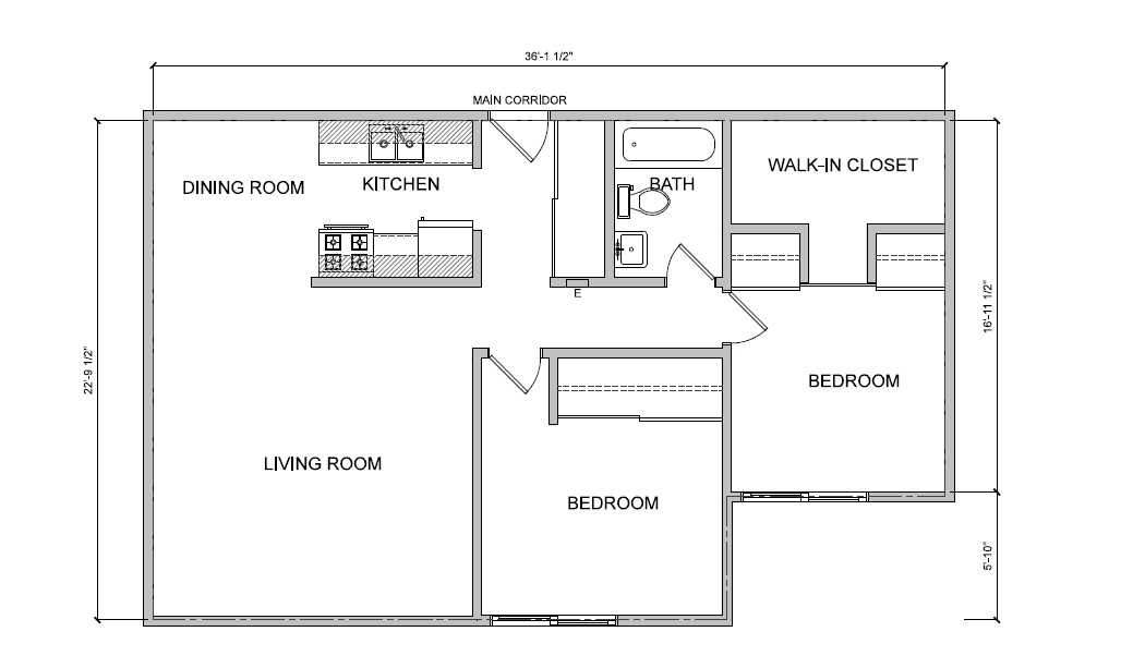 Floor plan for 2 beds, 1 bath, 849 sqft
